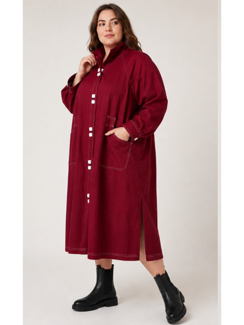 Vintage Red Raglan Trench Coat 2XL Contrast Stitching Lantern Sleeve